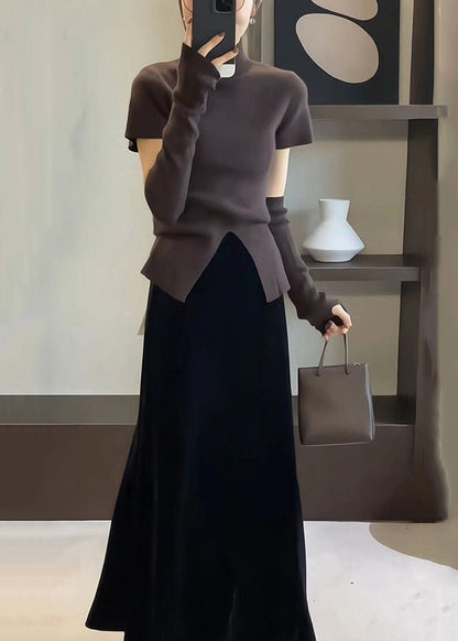 Simple Apricot Side Open Tops and Brown Skirts Knit Two Pieces Set Spring