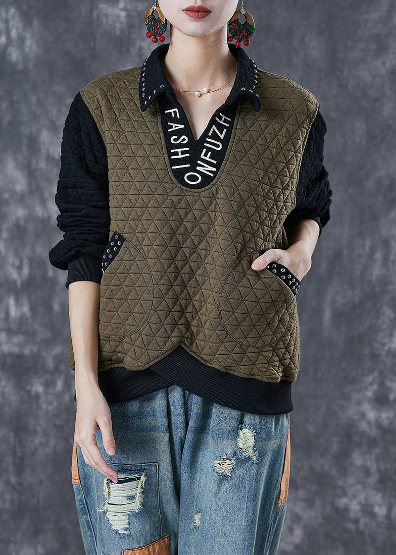 Army Green Patchwork Cotton Loose Sweatshirt Letter Embroideried Rivet Fall