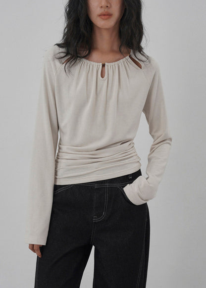 Unique Grey O Neck Hollow Out Wrinkled Cotton Top Spring