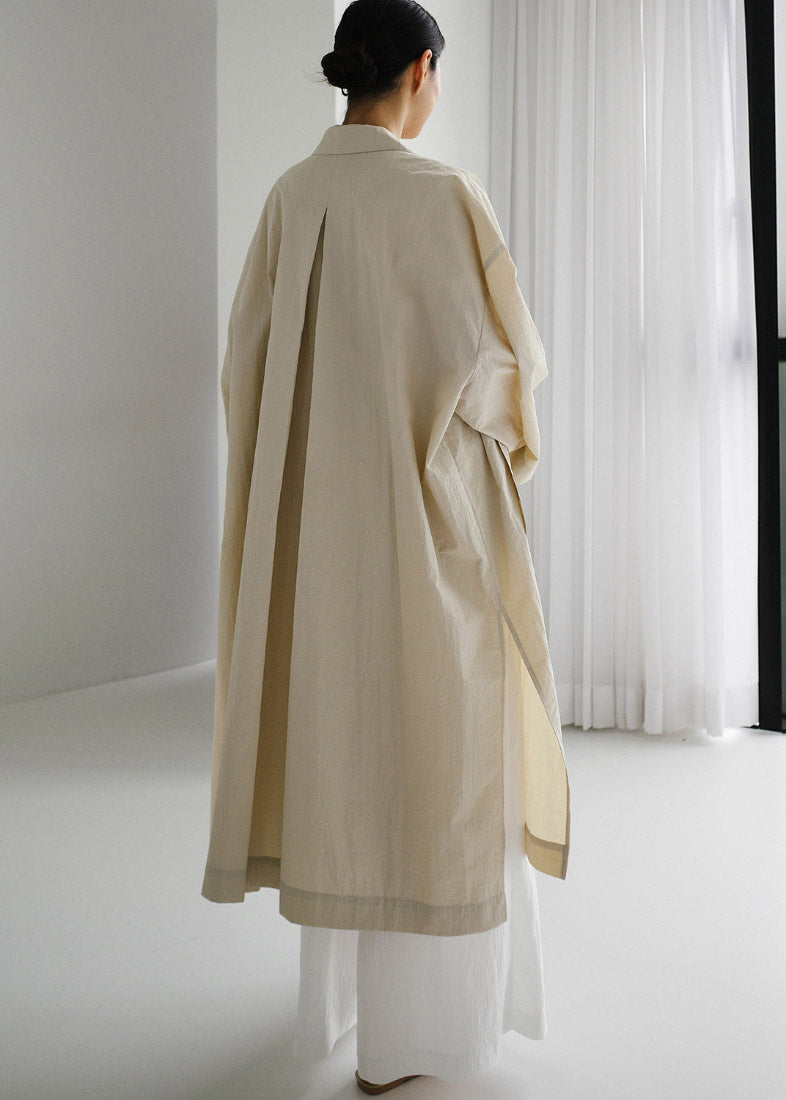Beige Peter Pan Collar Button Wrinkled Side Open Trench Coats Long Sleeve
