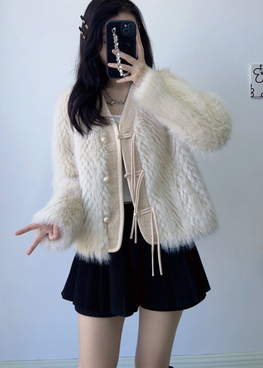 Apricot V Neck Tasseled Patchwork Mink Velvet Jacket Winter
