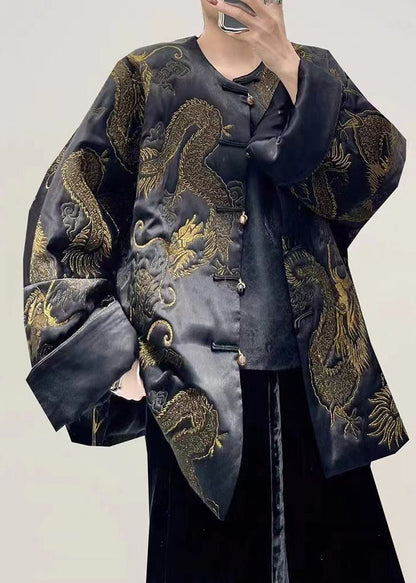 Black Dragon Embroideried Oversized Chinese Button Silk Coats Fall