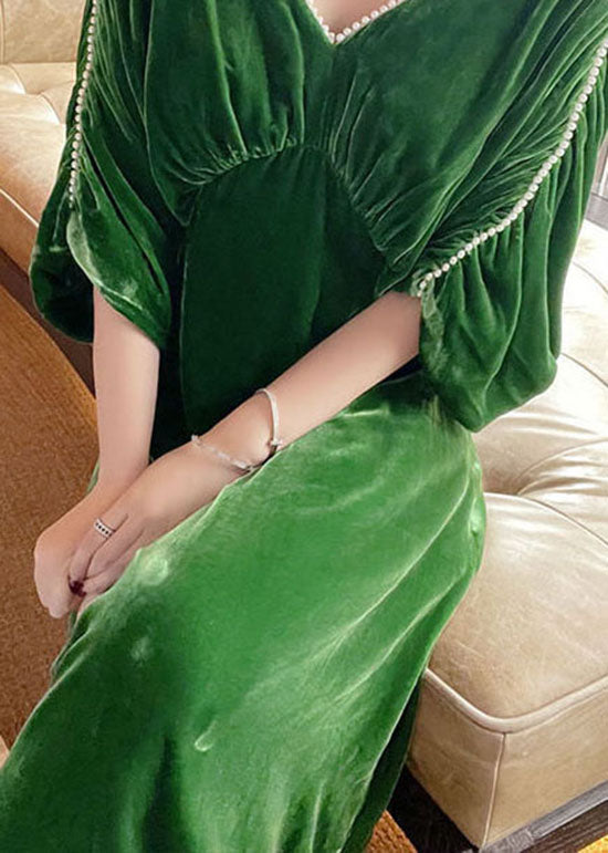 Green V Neck Nail Bead Patchwork Wrinkled Velour Dress Spring