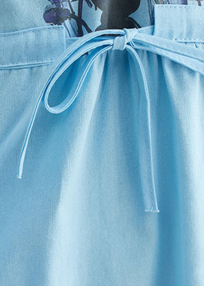 French Light Blue O-neck Print Drawstring Cotton Vacation Dress Short Sleeve