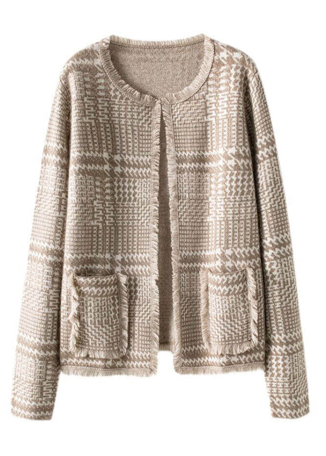 French Light Camel O-neck Tassel Woolen Cardigan Fall
