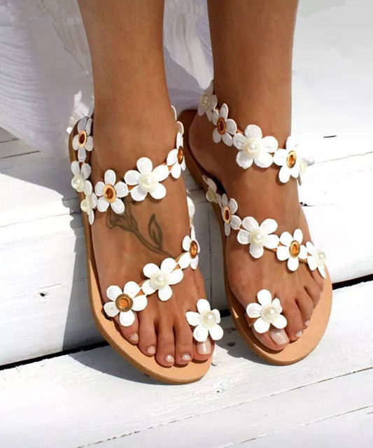 White Flower Faux Leather Sandals Cross Strap Sandals for