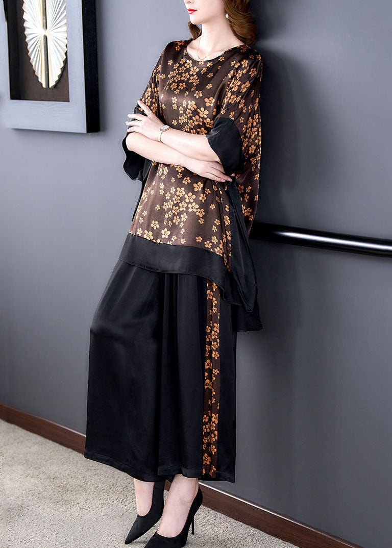 French Coffee Oversized Patchwork Print Silk Two-piece Set Batwing Sleeve