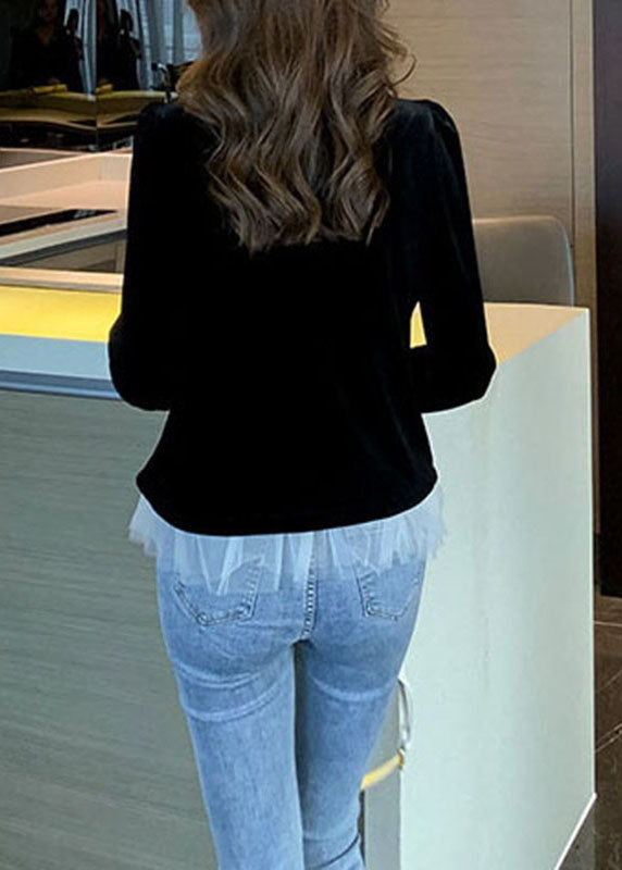 Classy Black V Neck Tulle Patchwork Velour Top Spring