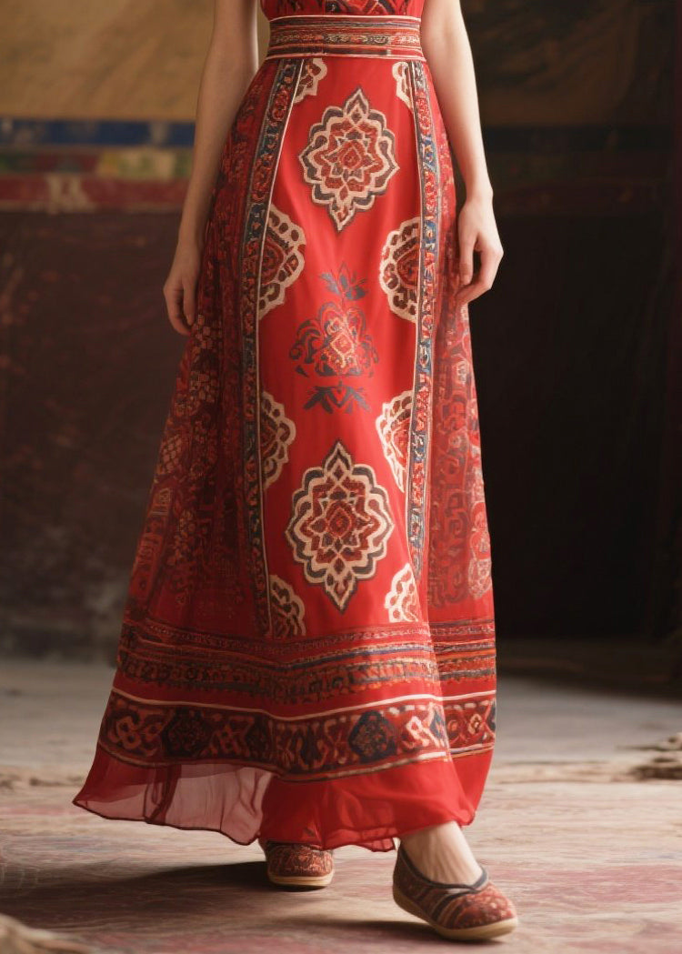 Red V Neck Print Chiffon Tunic Dress Sleeveless
