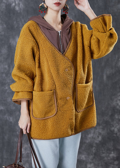 Fitted Yellow Hooded Patchwork Faux Fur Fake Two Piece Jacket Winter