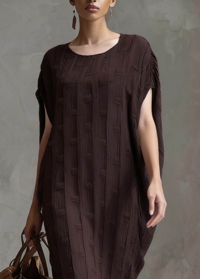 Coffee O Neck Oversized Silk Cotton Dress Batwing Sleeve