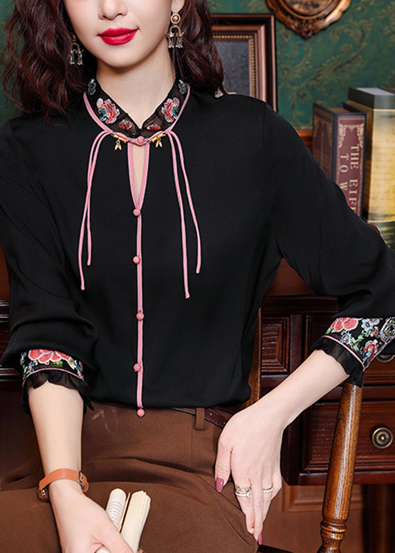 Black Embroidered Tulle Patchwork Hollow Out Chiffon Tops Long Sleeve