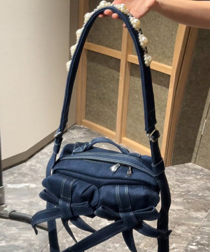 New Denim Blue Versatile Bow Pearl Shoulder Bag