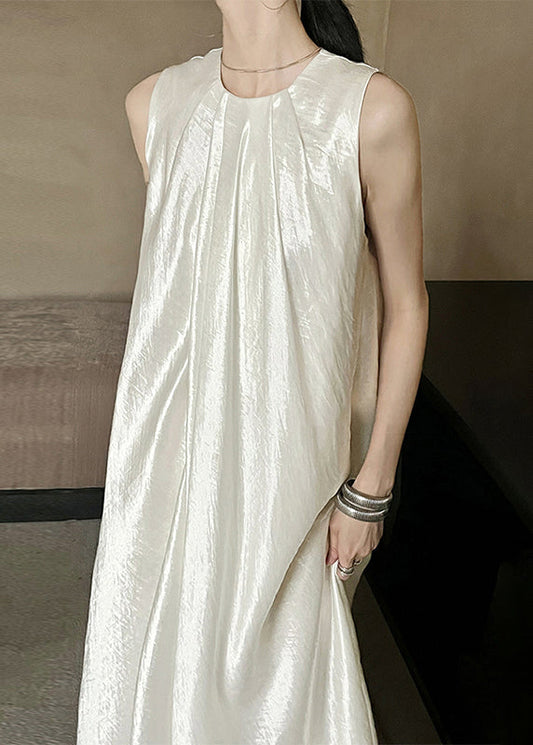 French Beige O Neck Silk Long Dresses Sleeveless