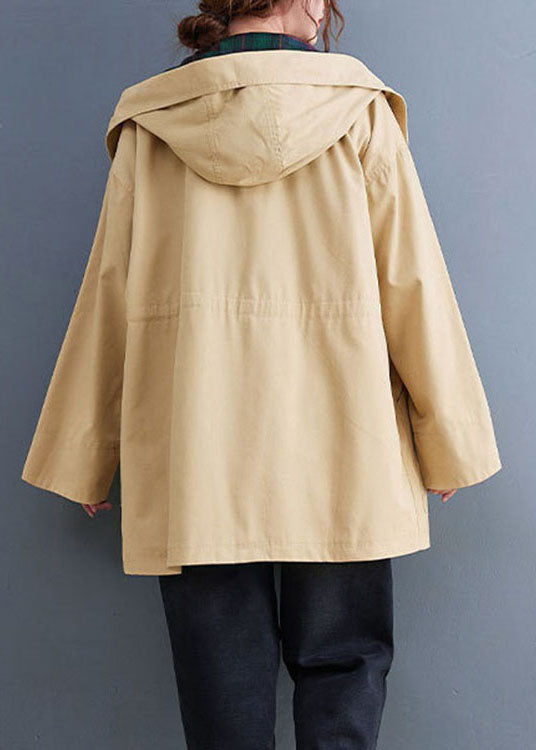 Boutique Khaki Pockets Drawstring Fall Hoodie Coat