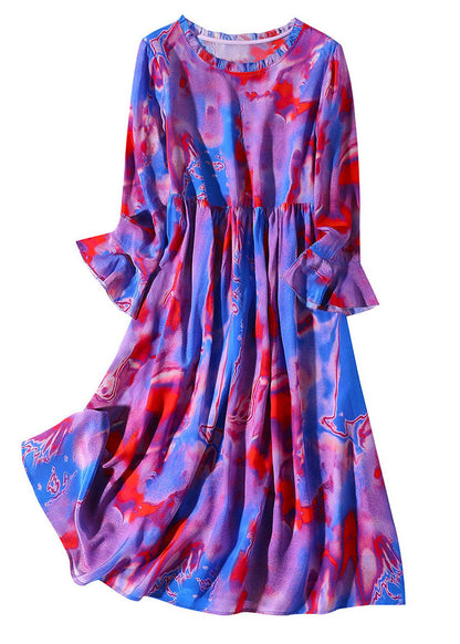 Modern Purple O-neck Ruffled Print Cinched Silk Mid Dress Flare Sleeve