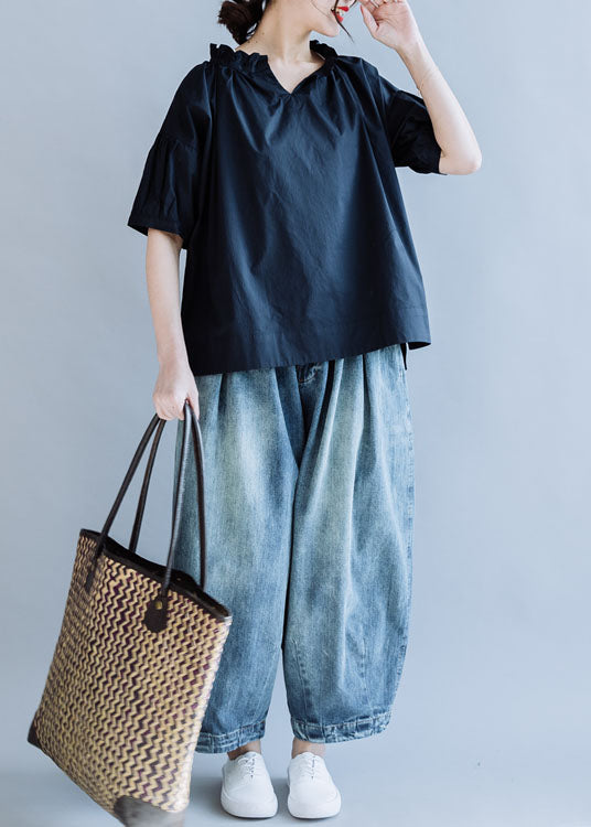 Loose Navy Ruffled Color Cotton Shirt Tops Short Sleeve