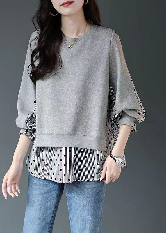 Grey O Neck False Two Pieces Patchwork Cotton Top Fall