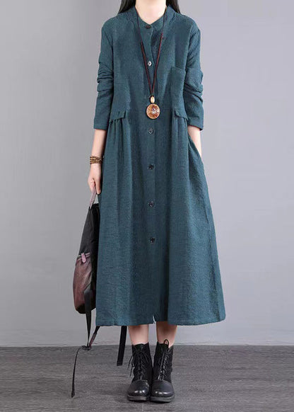Red Stand Collar Pockets Patchwork Cotton Long Dresses Fall