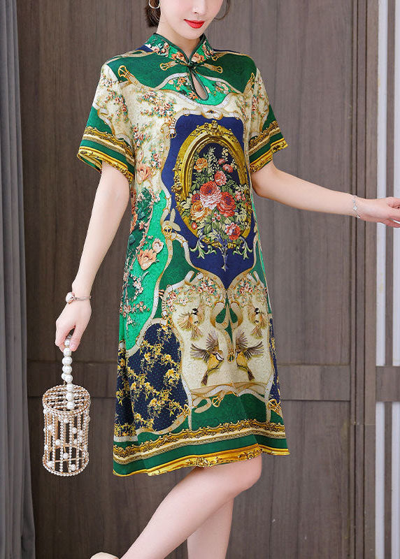Chinese Style Green Print Mandarin Collar Silk a Line Dress Summer