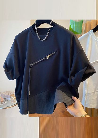 Black O-neck Asymmetrical Patchwork Zippered T Shirts Short Sleeve
