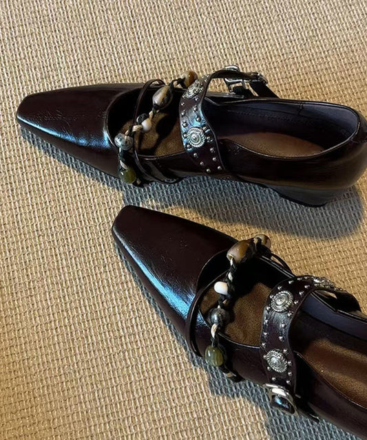 Brown Faux Leather Splicing Wedge Heels Shoes