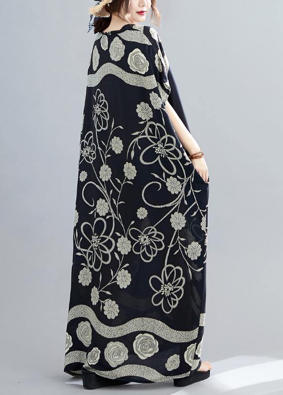 Black Print V Neck Batwing Sleeve Robe Spring Dress