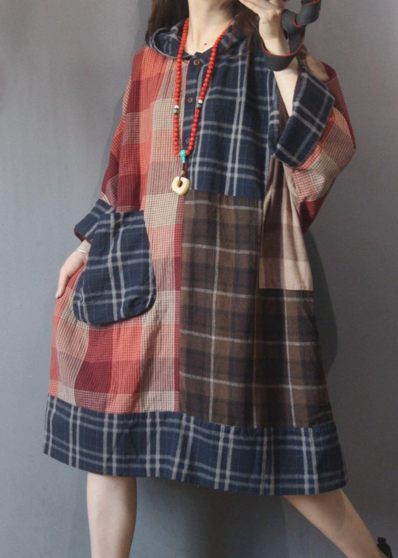 Plaid Patchwork Hooded Cotton Linen Holiday Dress Summer