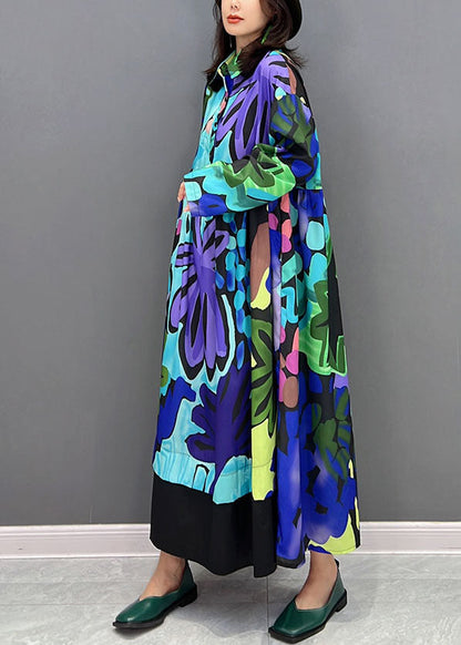 Blue Print Patchwork Cotton Long Dresses Fall