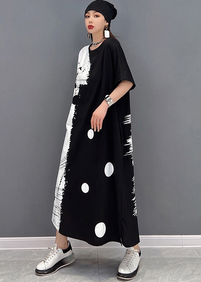 Black White Patchwork Dot Print Cotton Sweatshirt Long Dress Short Sleeve