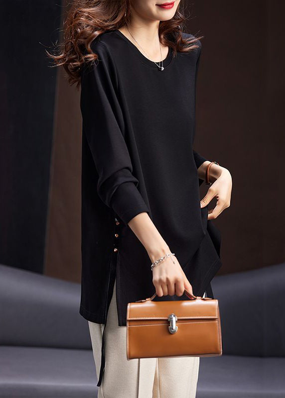 Simple Black Zircon Side Open Cotton T Shirt Spring
