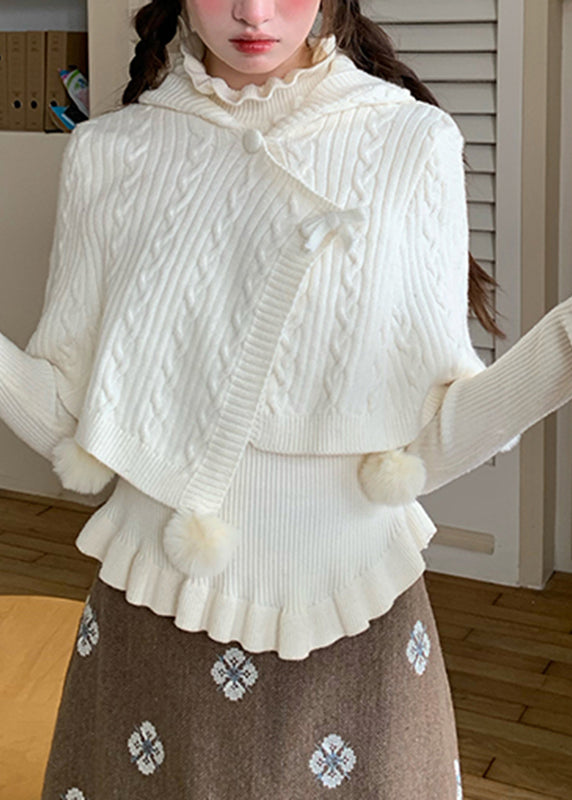 White Ruffled Cotton Knit Cloak and Sweaters Two Pieces Set Flare Sleeve