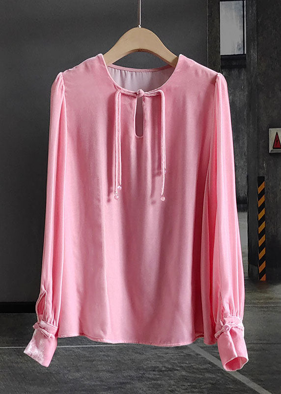 Pink O-neck Tasseled Patchwork Silk Velour Tops Spring