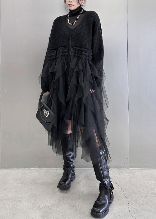 New Black V Neck Tulle Patchwork Cotton Knit Loose Cardigans Dresses Spring