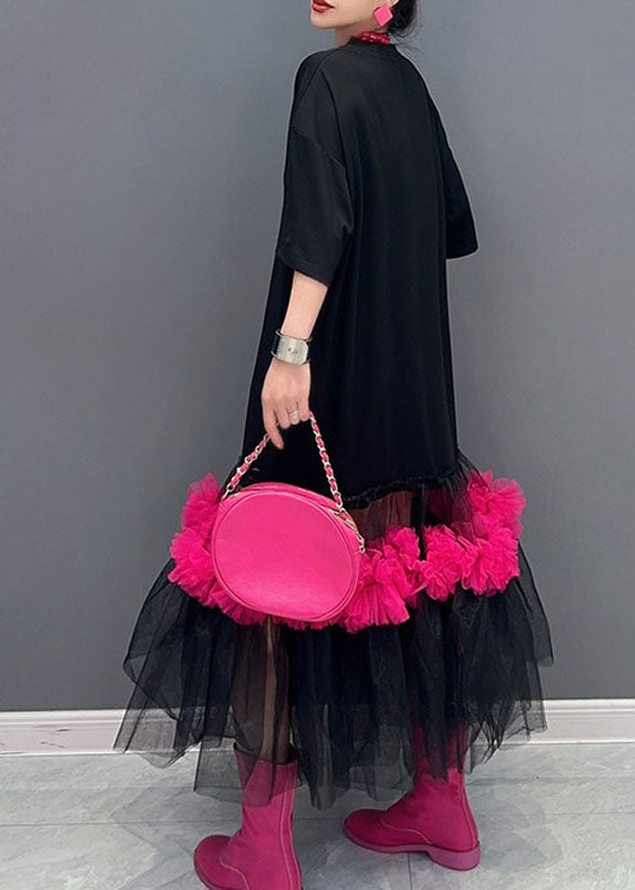 Classy Black O-neck Tulle Patchwork Long T Shirts Dress Half Sleeve