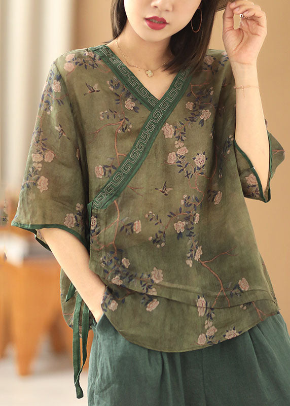 Navy Embroideried Asymmetrical Design Print Tie Waist Linen Shirt Short Sleeve