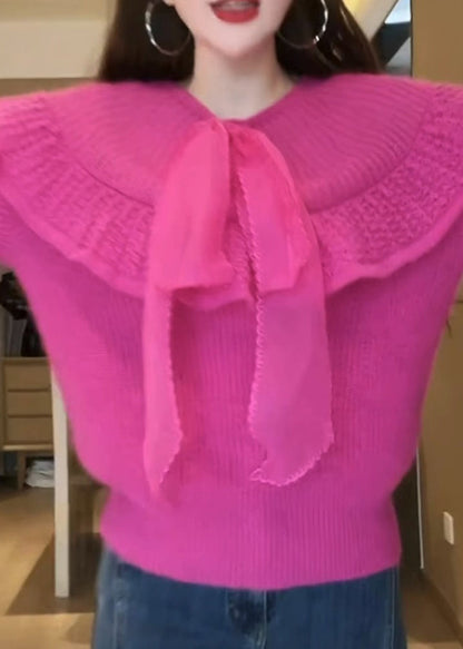 Rose O-neck Bow Cozy Cotton Knit Sweaters Flare Sleeve