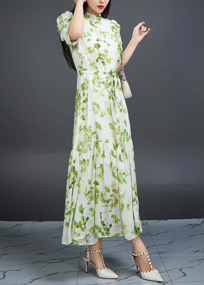 Green Wrinkled Print Tie Waist Chiffon Dress Summer