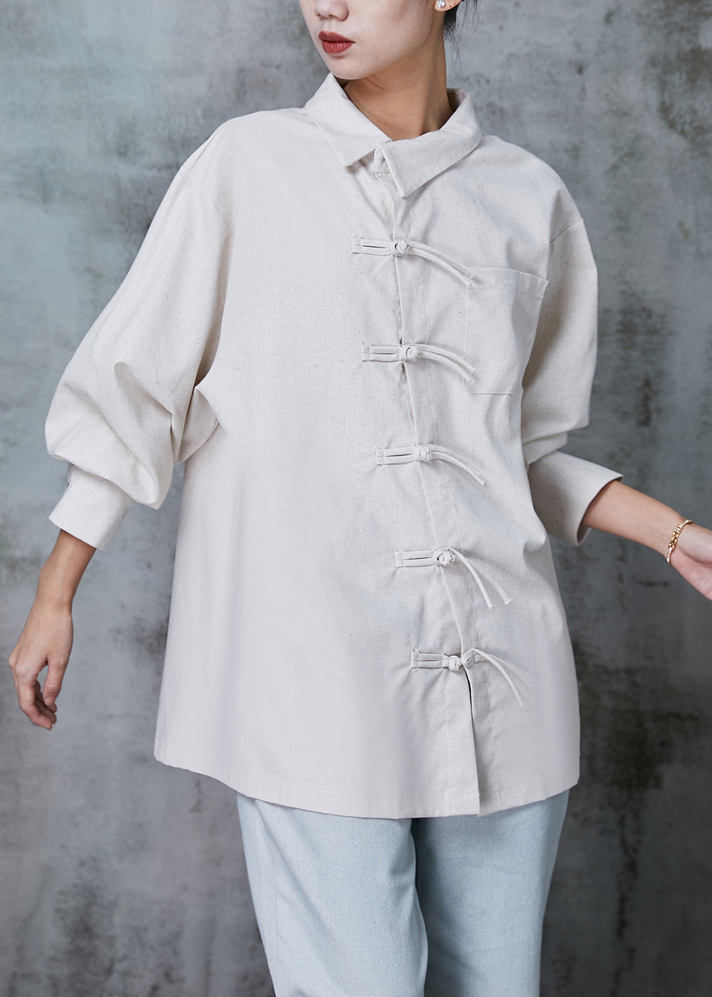 Beige Oversized Chinese Button Cotton Shirt Top Spring