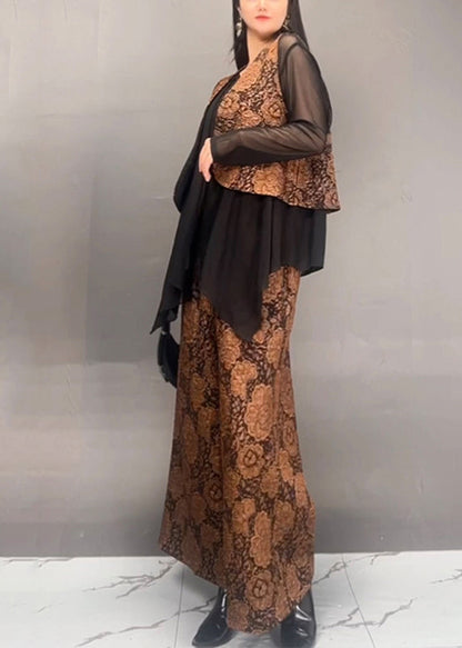 Stylish Gold Tulle Patchwork Coats and Wide Leg Pants Two Piece Set Fall
