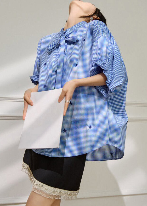 Blue Plaid Bow Button Shirts Half Sleeve