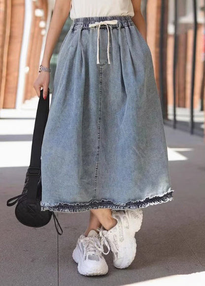 Light Blue Ruffled Elastic Waist Denim Skirt Summer