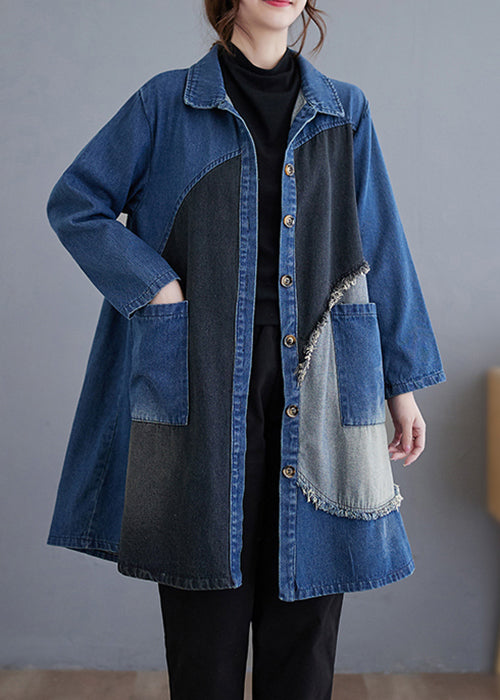 Blue Button Pockets Patchwork Denim Trench Coat Fall
