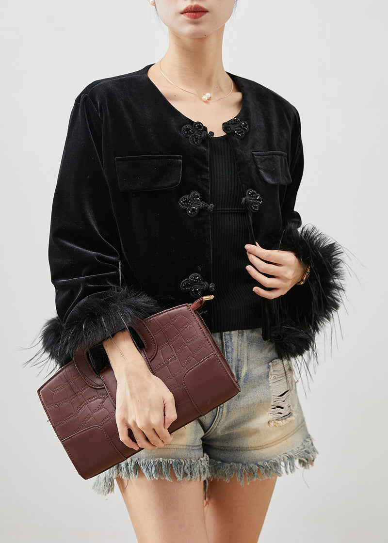 Black Chinese Button Patchwork Feather Silk Velour Jackets Spring