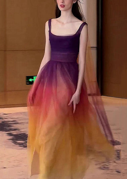 Gradient Color Side Open Tulle Spaghetti Strap Dress Sleeveless