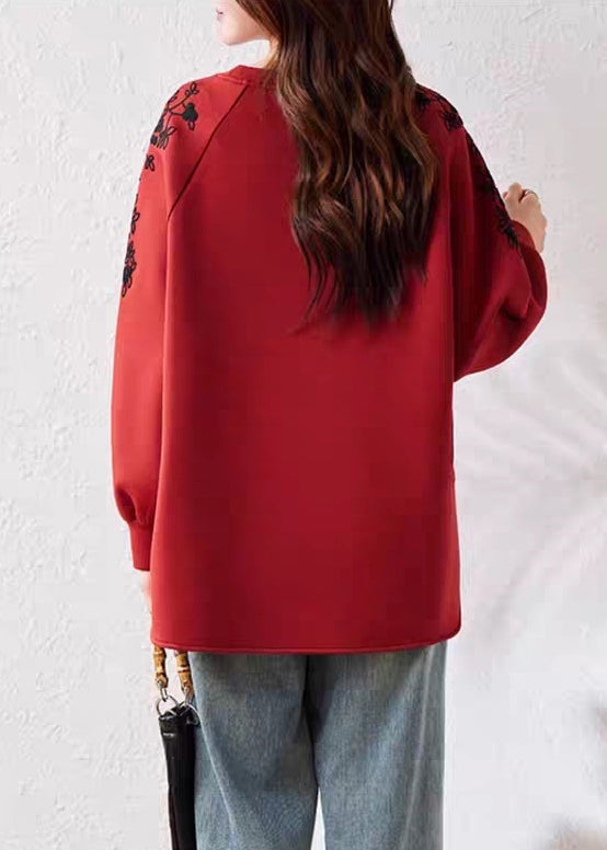 Red O Neck Print Cotton Sweatshirts Fall