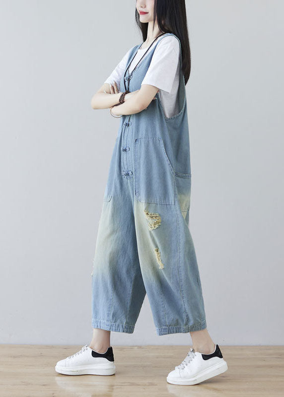 Light Blue Oriental Button Ripped Cotton Denim Jumpsuit Spring