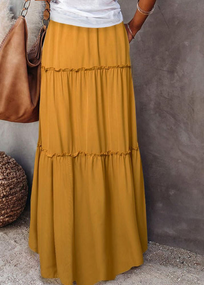 Handmade Yellow Ruffled Patchwork Elastic Waist Maxi Skirt Summer