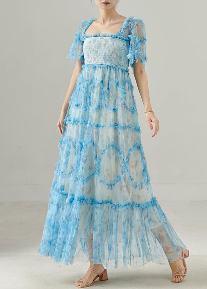 Blue Ruffled Patchwork Tulle Dresses Summer