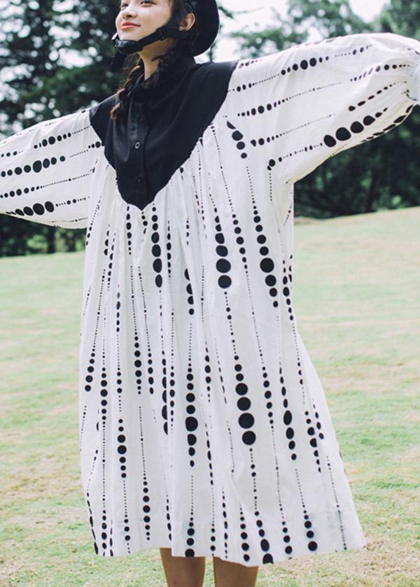 Black White Dot Circle Peter Pan Collar Cotton Long Sleeve Dress